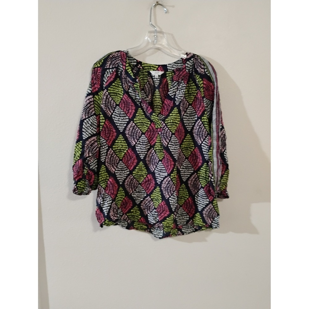 Crown & Ivy Navy Pink Green Geometric Diamond Print Split Neck Blouse Medium